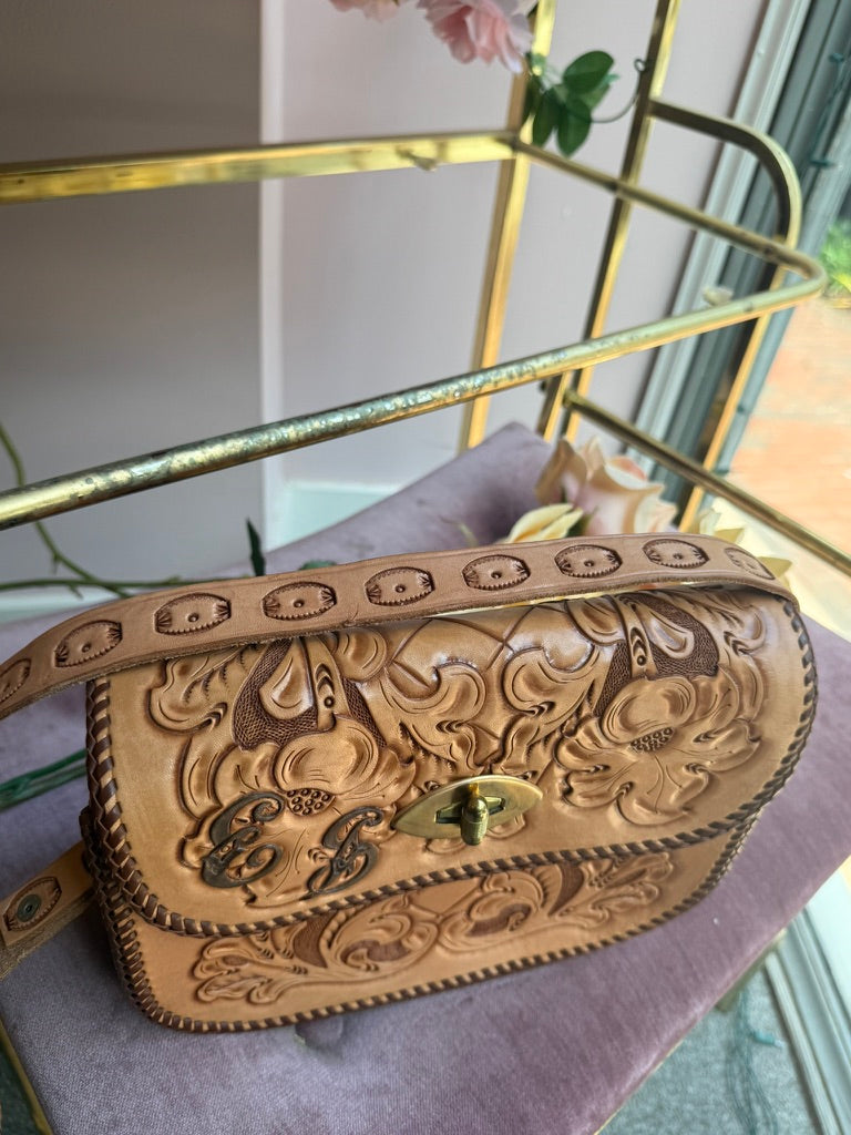 Vintage Tan Tooled Leather Crossbody Bag with Floral Tooling