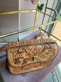 Vintage Tan Tooled Leather Crossbody Bag with Floral Tooling
