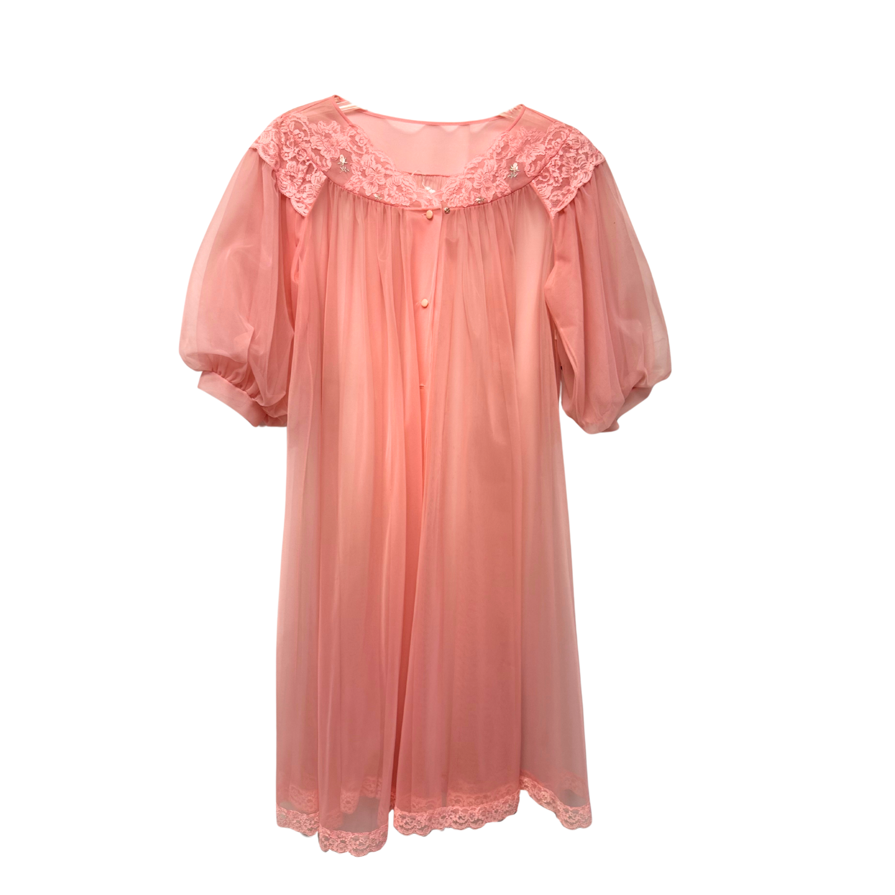 Blush Pink Sheer Lace Trim Nylon Nightgown Boudoir Sleepwear - Size M/L
