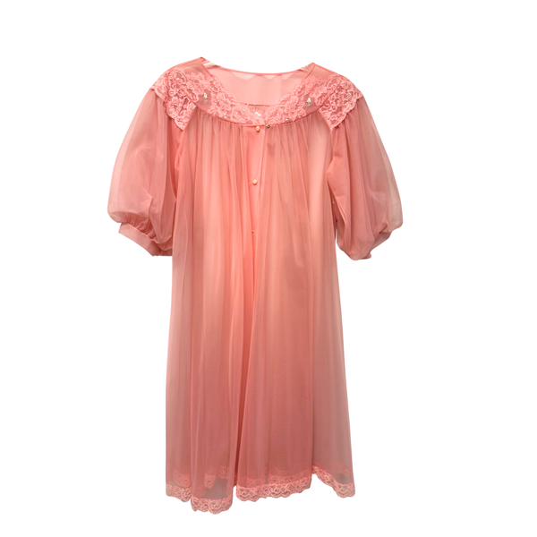 Blush Pink Sheer Lace Trim Nylon Nightgown Boudoir Sleepwear - Size M/L