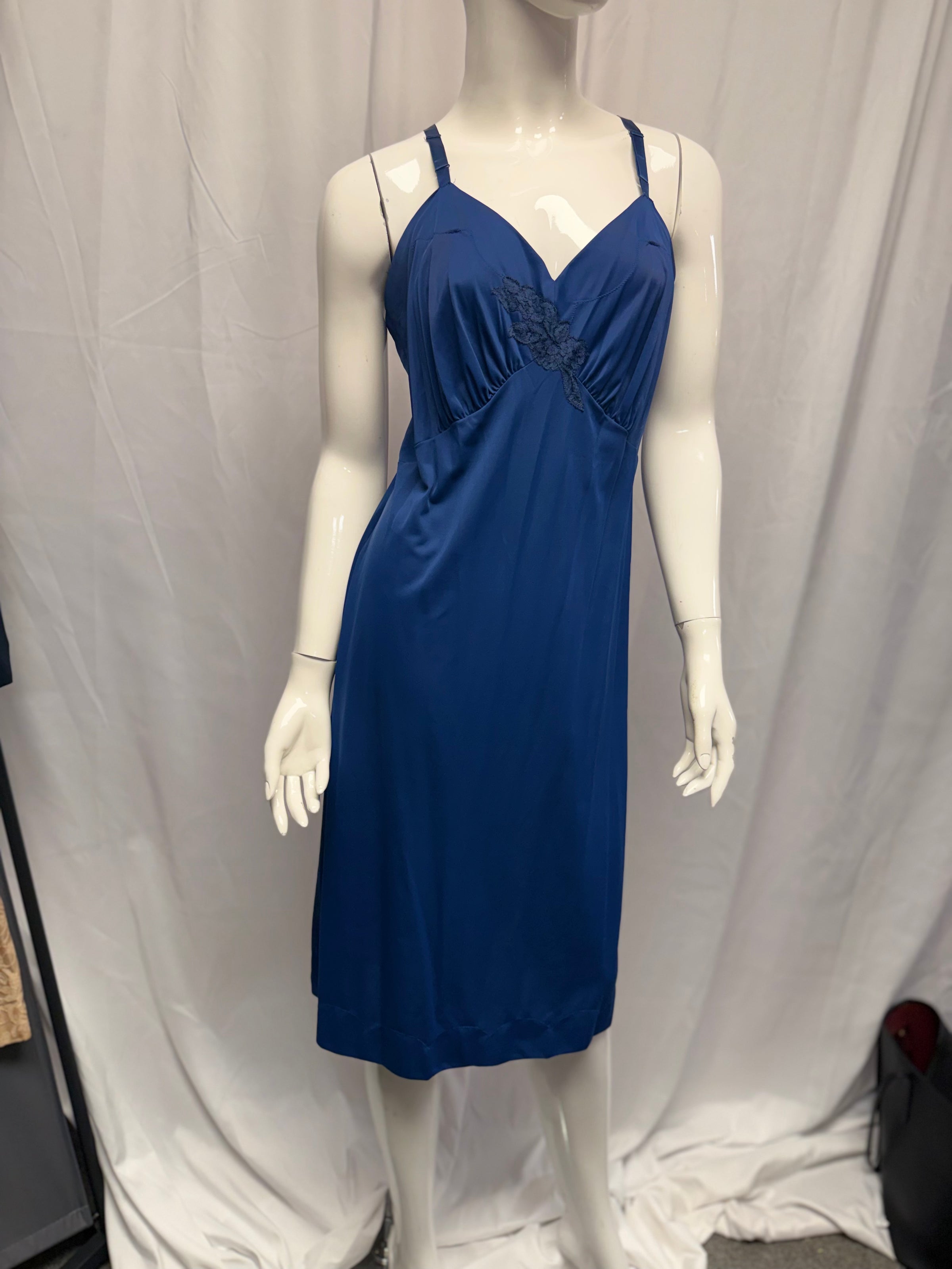 Deep Blue Nylon Lace Detail Nightgown - Size XL