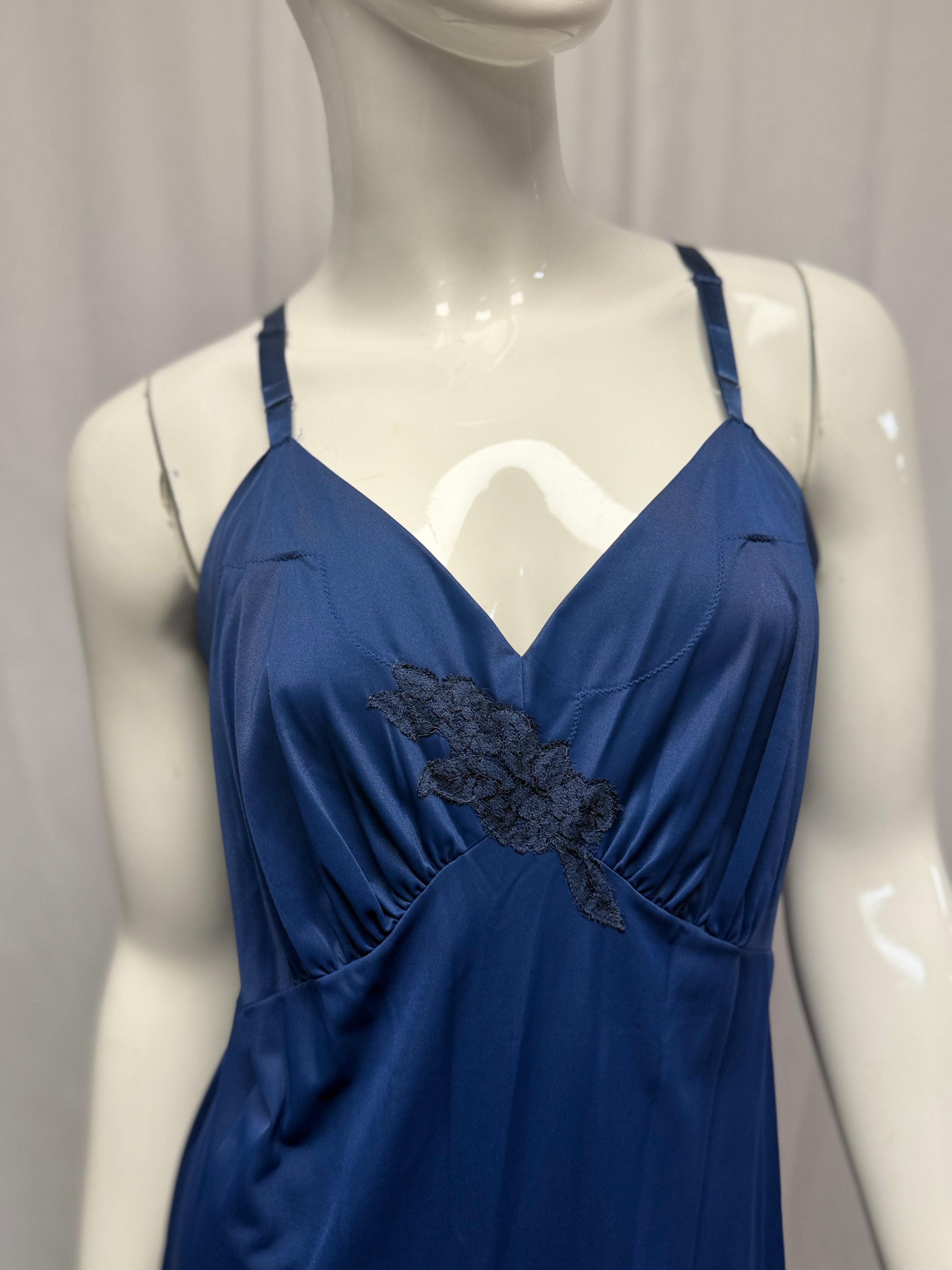 Deep Blue Nylon Lace Detail Nightgown - Size XL