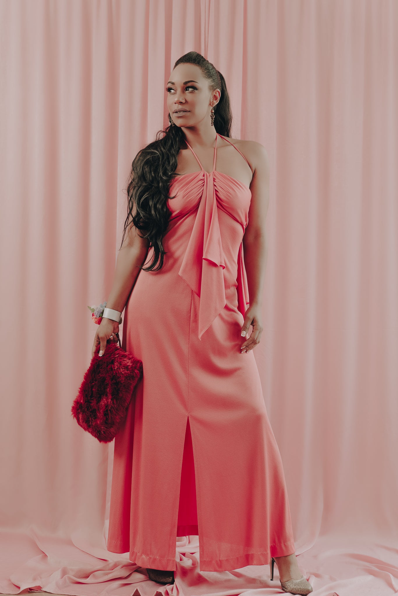 Disco Diva 70s Maxi Dress in Peach - Size S