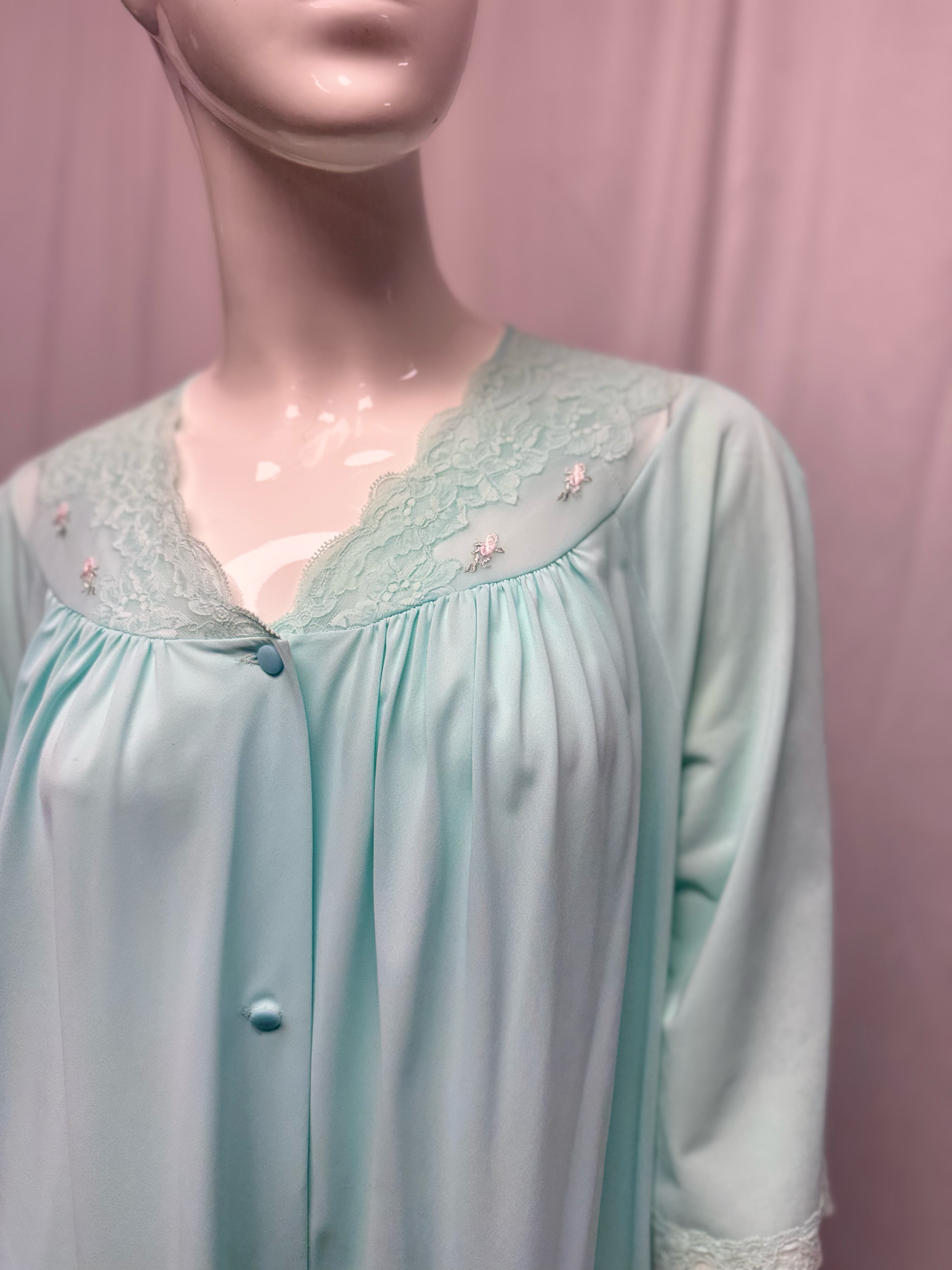 Light Teal Nylon Lace Trim Button Front Nightgown Boudoir Sleepwear - Size M