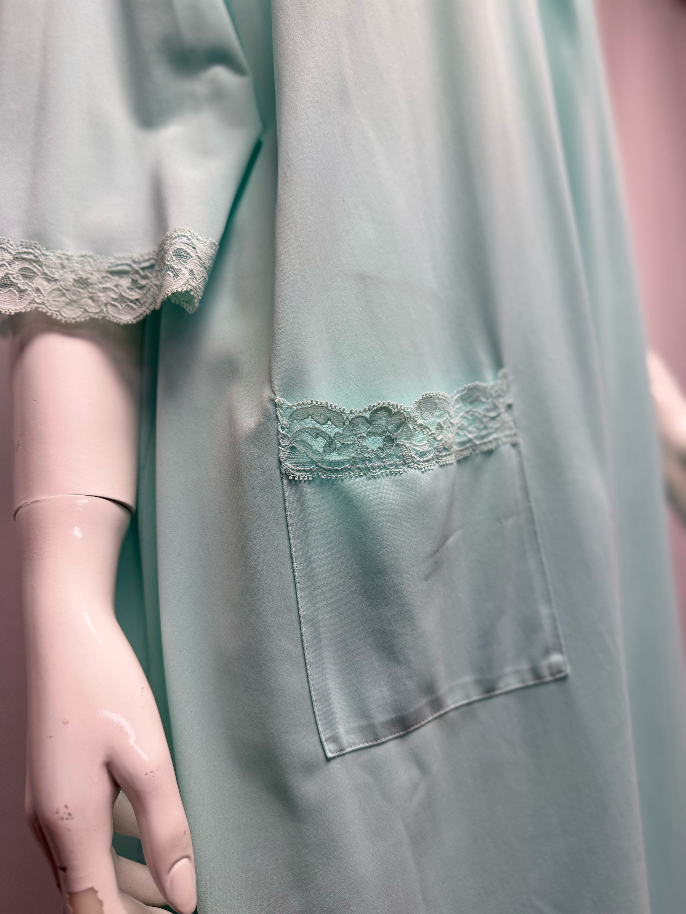 Light Teal Nylon Lace Trim Button Front Nightgown Boudoir Sleepwear - Size M