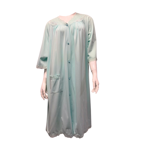 Light Teal Nylon Lace Trim Button Front Nightgown Boudoir Sleepwear - Size M