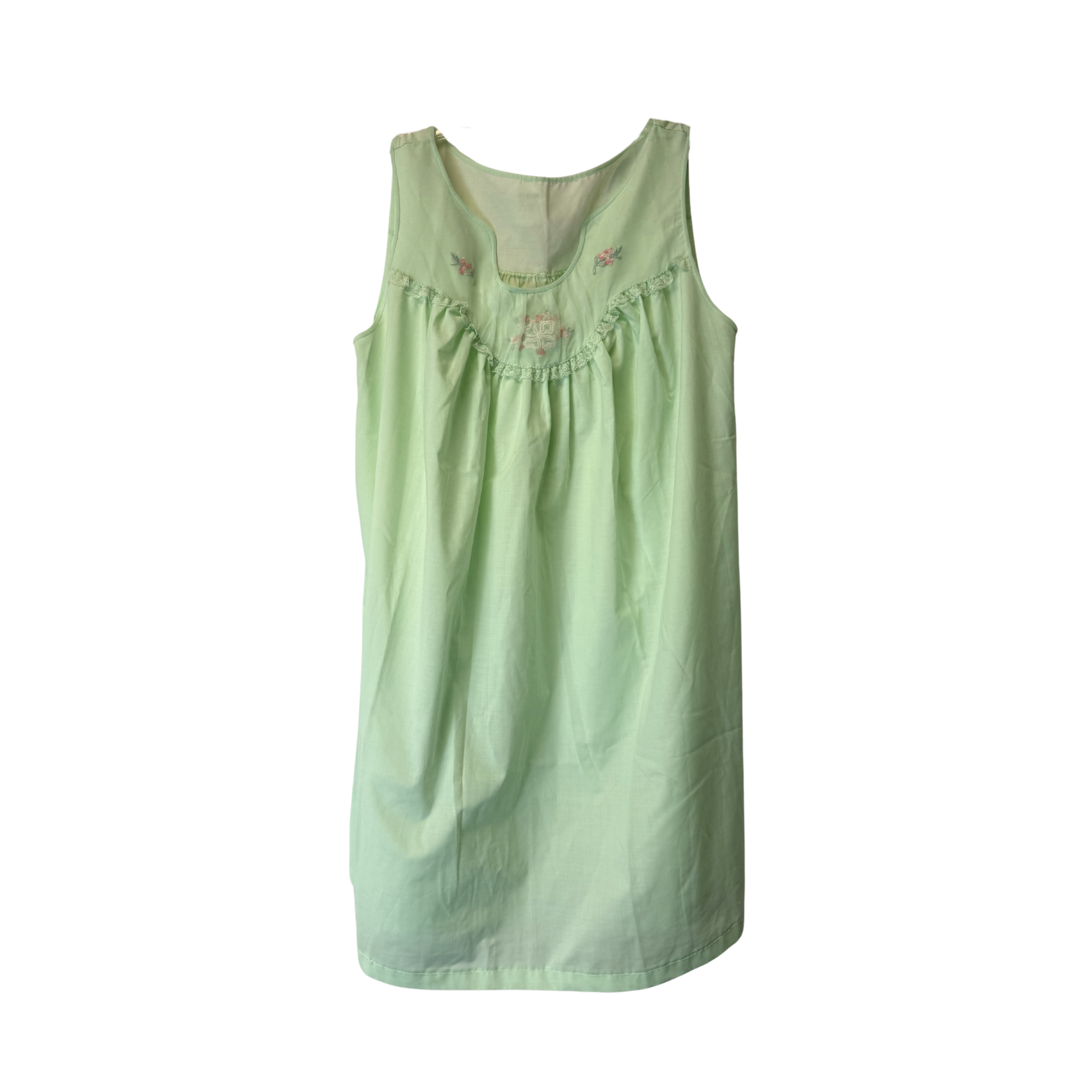 Light Green Sleeveless Cottage Nightgown with Floral Embroidery – Size M
