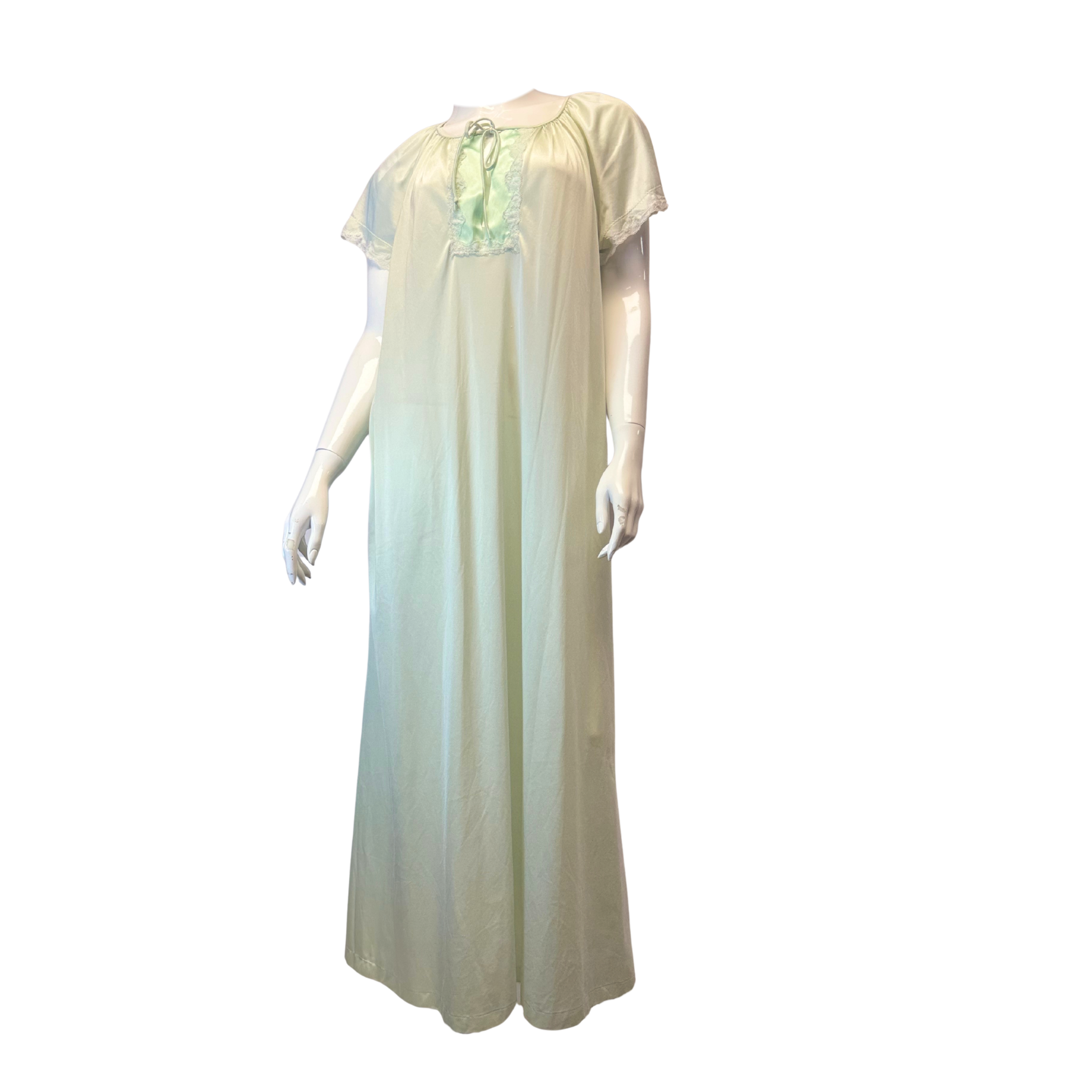 Pale Mint Green Nylon Lace Trim Maxi Nightgown Boudoir Sleepwear - Size S