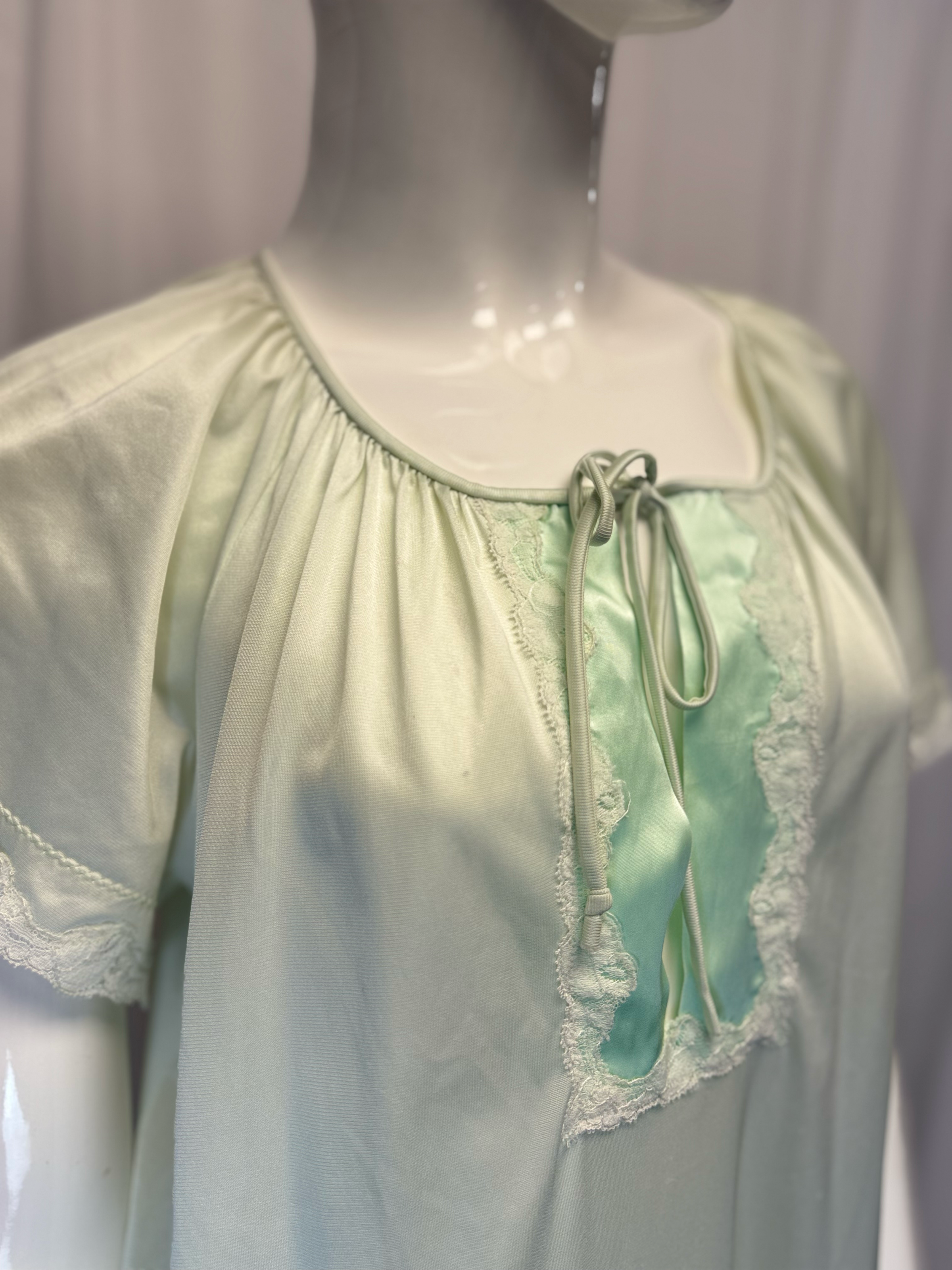 Pale Mint Green Nylon Lace Trim Maxi Nightgown Boudoir Sleepwear - Size S