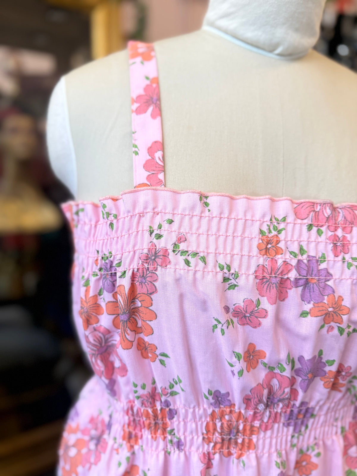 Pink Peach Floral Smocked Vintage Sundress Boho Summer Dress - Size XL