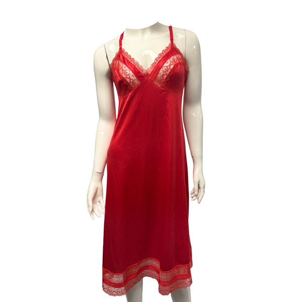 Scarlet Nylon Lace Trim Nightgown Boudoir Sleepwear - Size M