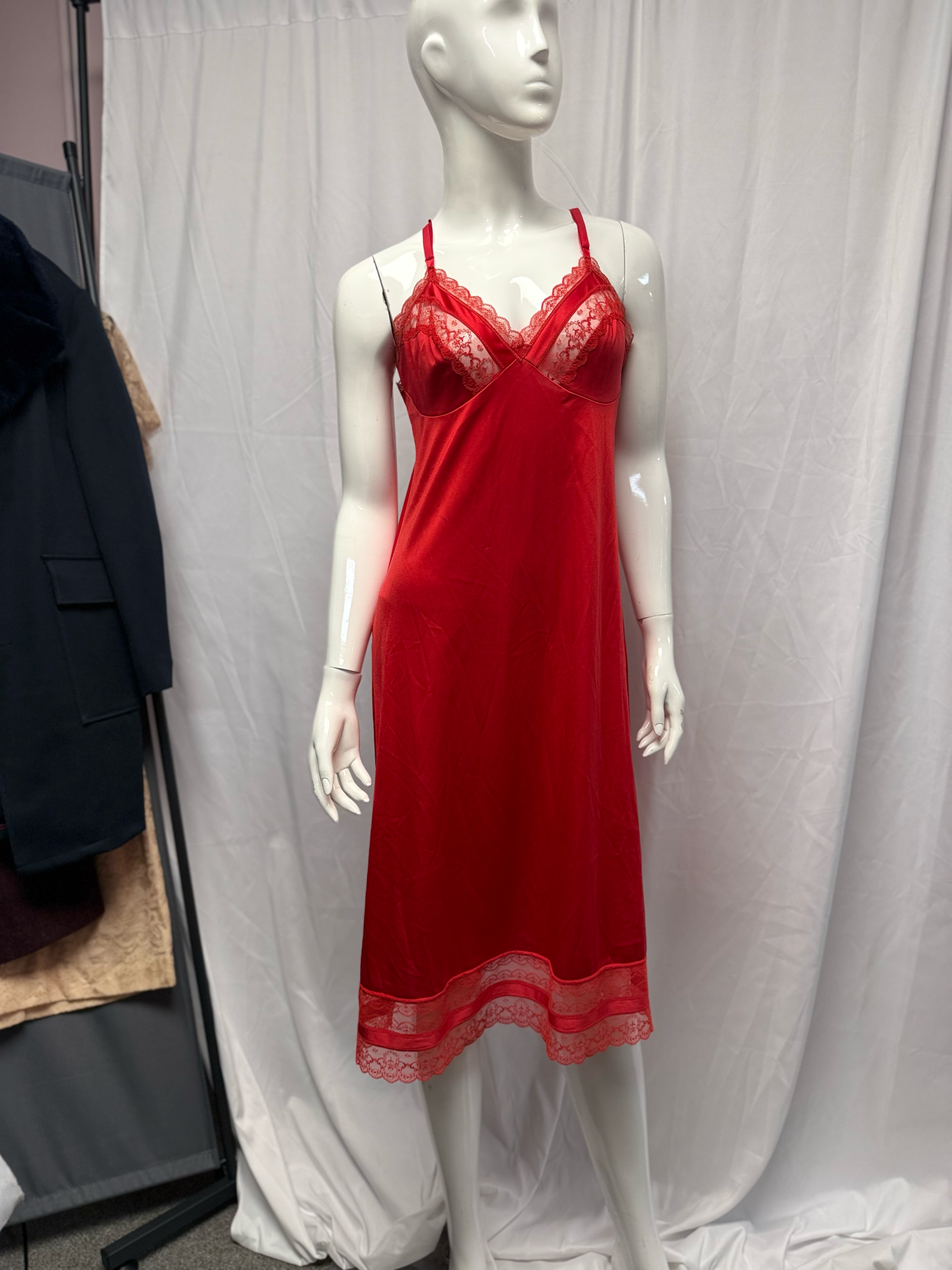 Scarlet Nylon Lace Trim Nightgown Boudoir Sleepwear - Size M