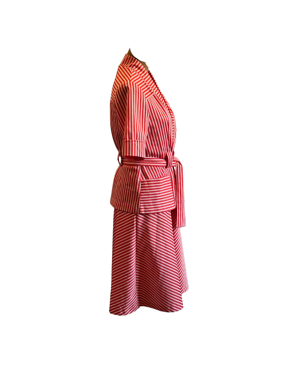 Red and White pin stripe sheath with belted jacket