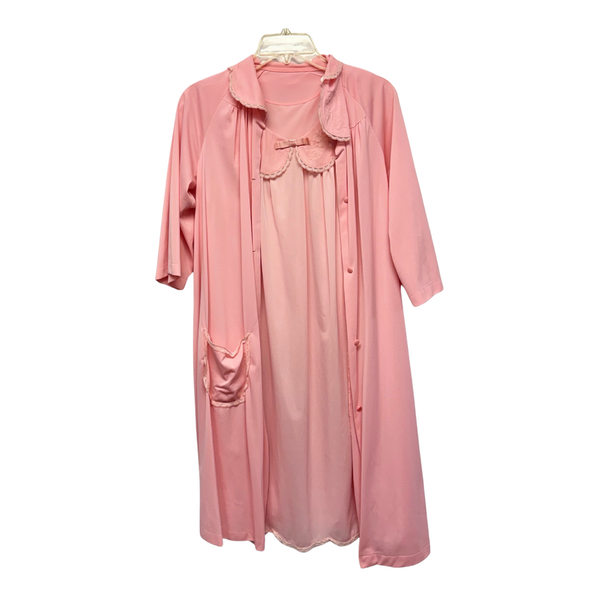 Soft Pink Nylon Bow Detail Nightgown and Robe Peignoir Set Boudoir Sleepwear - Size L