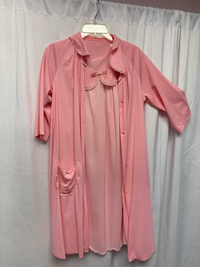 Soft Pink Nylon Bow Detail Nightgown and Robe Peignoir Set Boudoir Sleepwear - Size L
