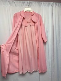 Soft Pink Nylon Bow Detail Nightgown and Robe Peignoir Set Boudoir Sleepwear - Size L
