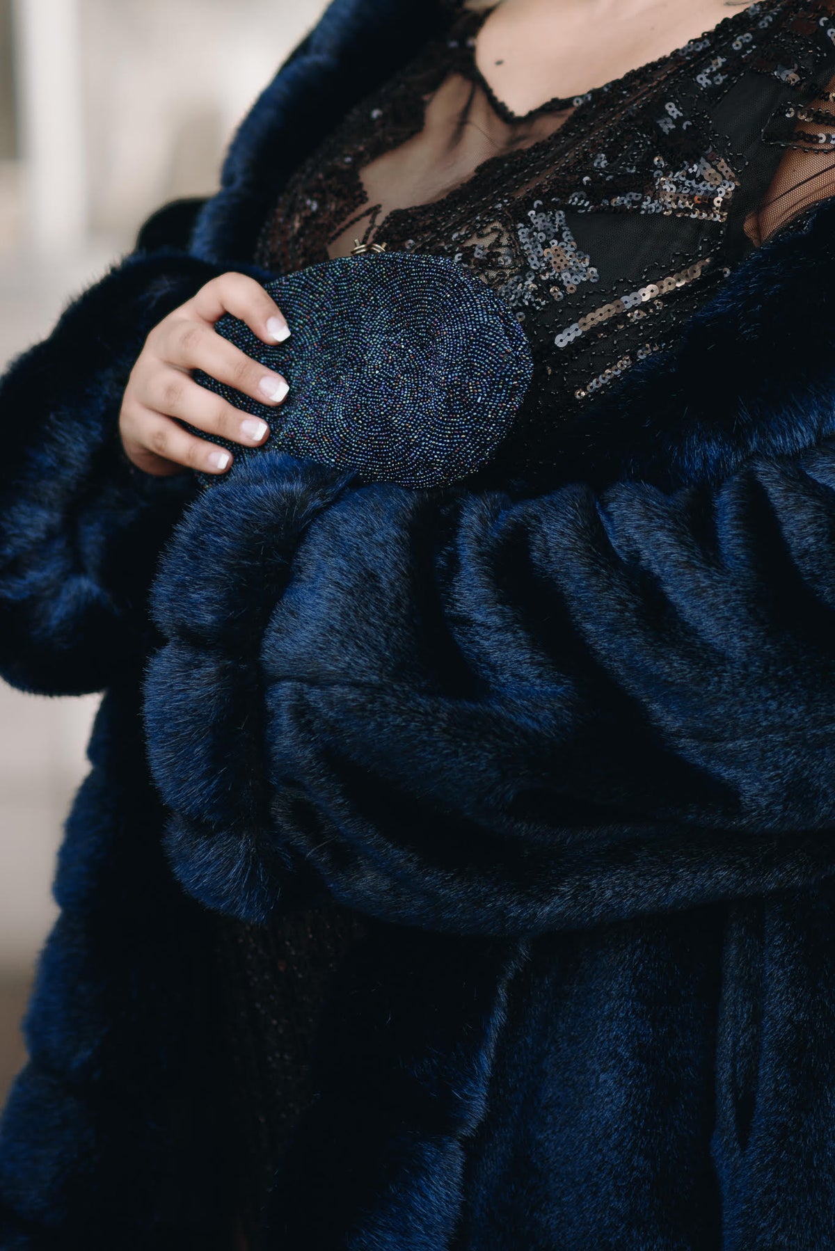 Luxurious Dark Blue Faux Mink Coat - Size XL