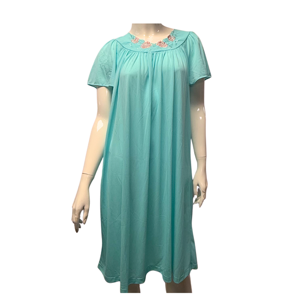 Vintage Aquamarine Embroidered Nylon Nightgown by Miss Elaine – Size M