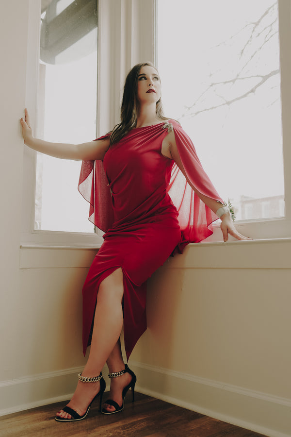 Hooded 60s Satin Evening Gown in Red -  Size L