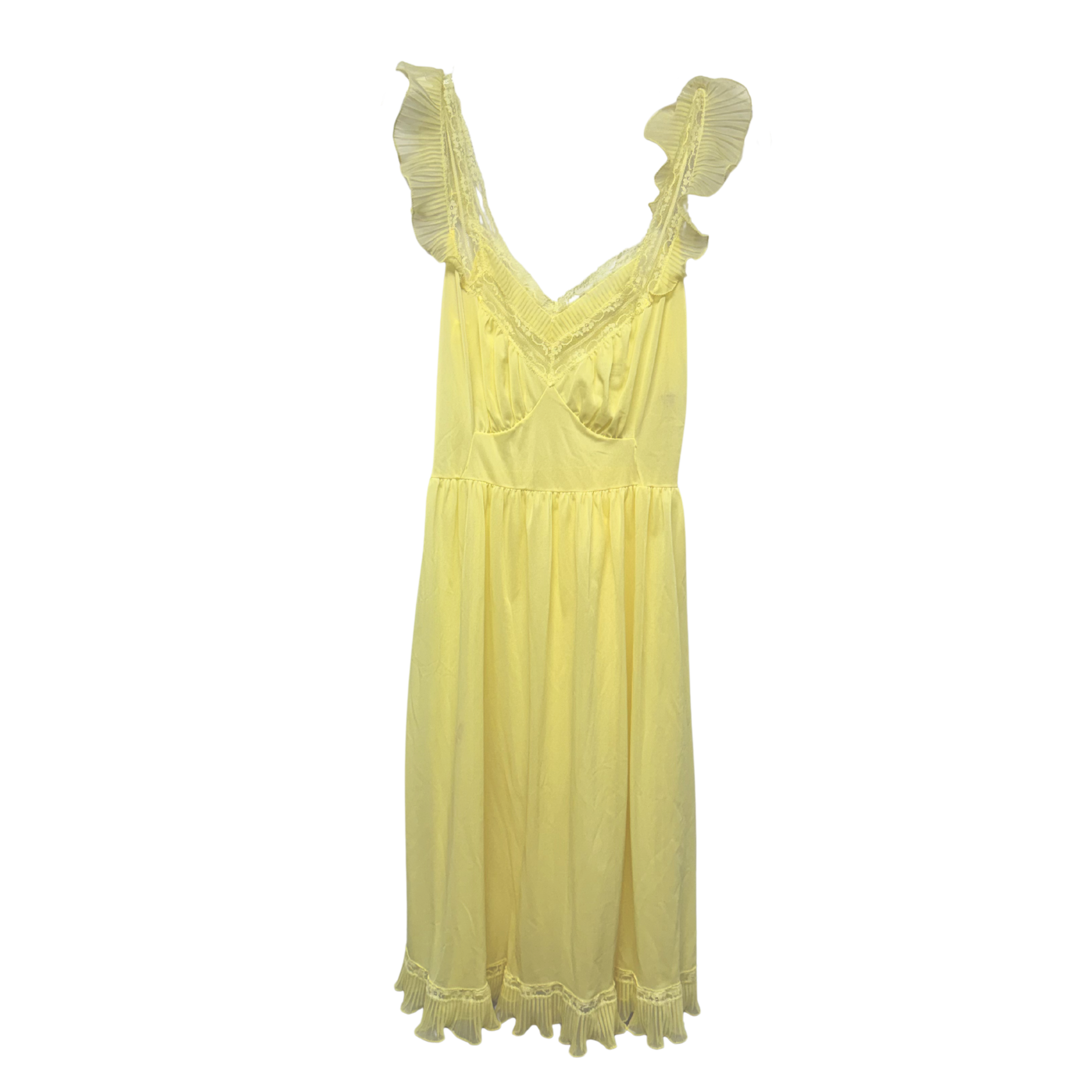 1970s Sheer Yellow Ruffle Trim Lingerie Slip with Frilly Sleeves – Size S
