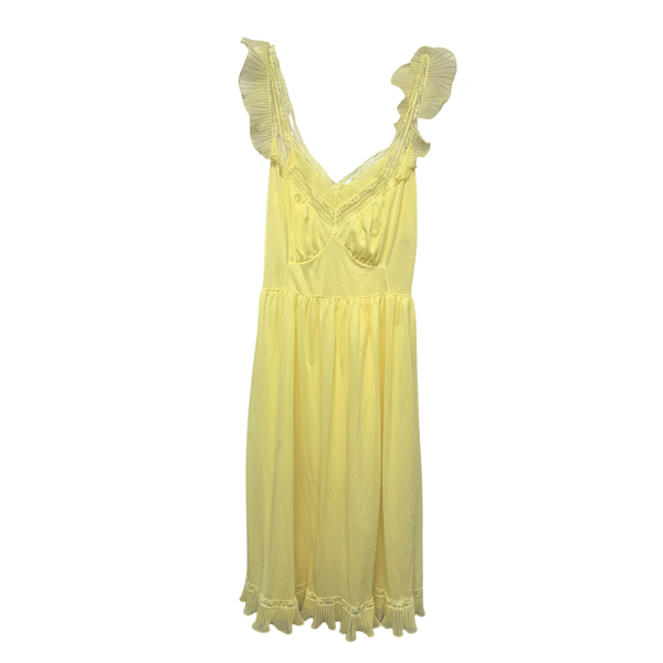 1970s Sheer Yellow Ruffle Trim Lingerie Slip with Frilly Sleeves – Size S