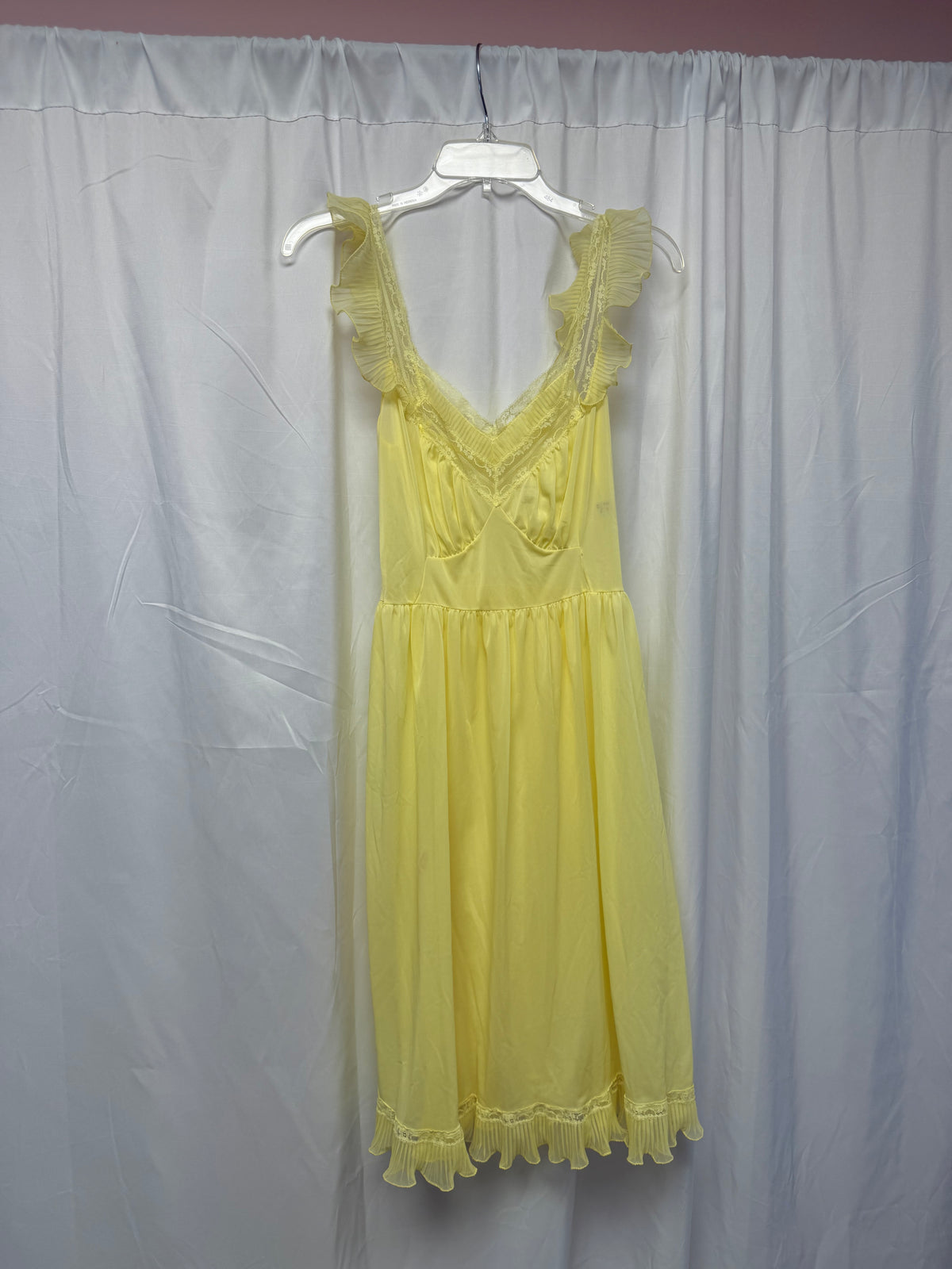 1970s Sheer Yellow Ruffle Trim Lingerie Slip with Frilly Sleeves – Size S