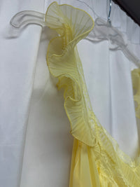 1970s Sheer Yellow Ruffle Trim Lingerie Slip with Frilly Sleeves – Size S