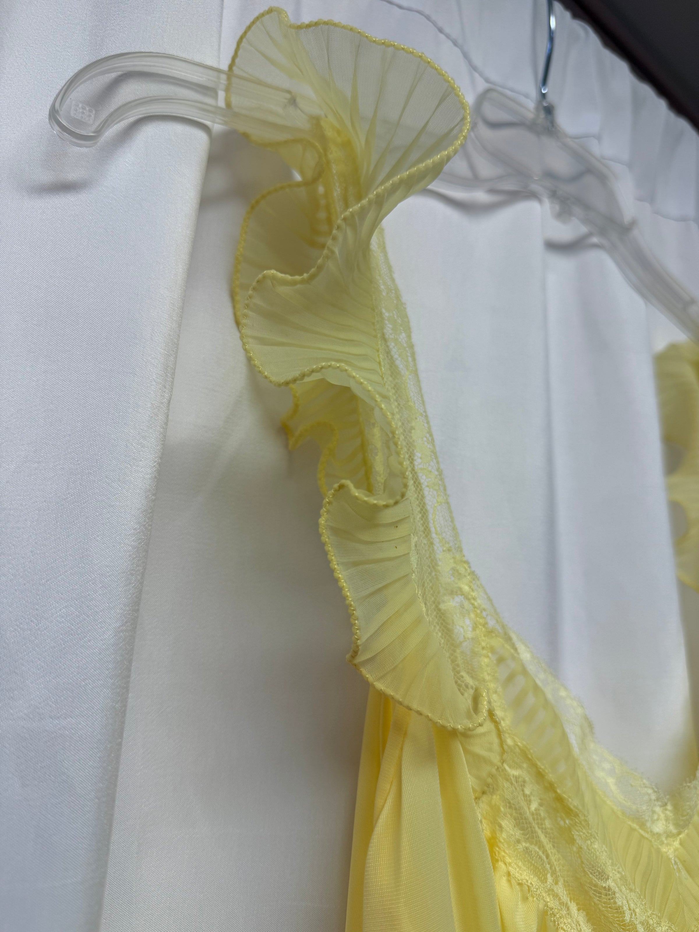 1970s Sheer Yellow Ruffle Trim Lingerie Slip with Frilly Sleeves – Size S